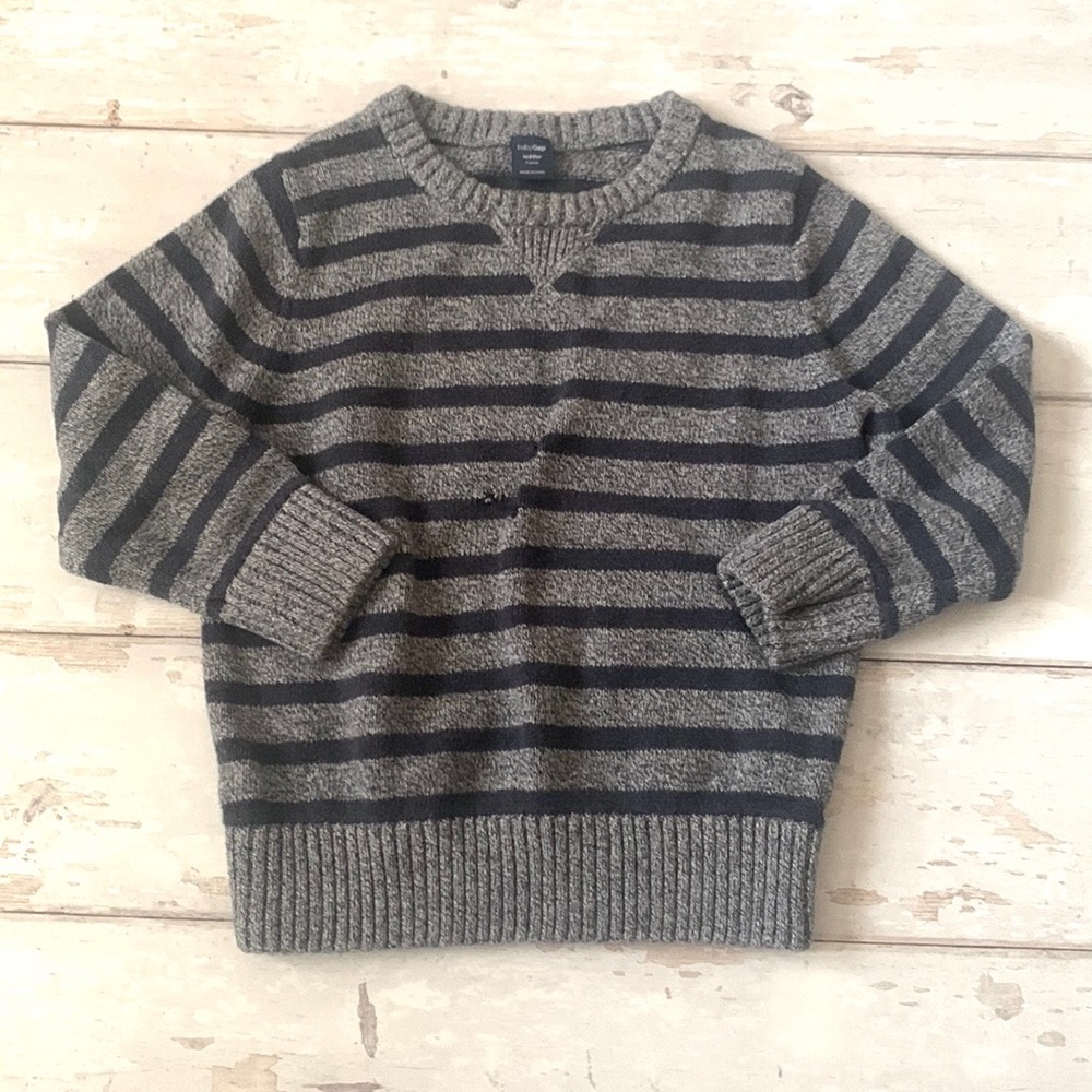 BabyGap 2T Boys Pullover Knit Sweater Navy Blue Marled Gray Stripes Kids Size 2